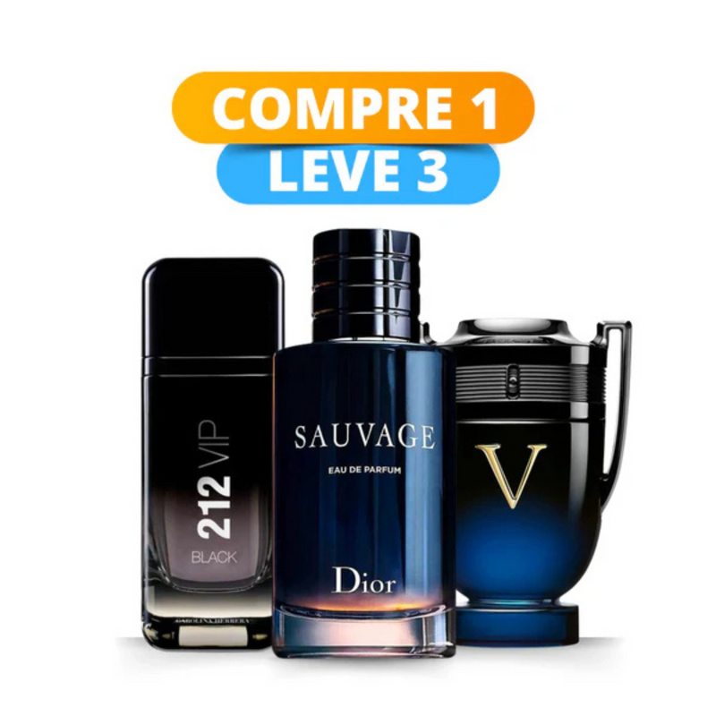 Kit 3 Perfumes Masculinos Importados (100ml cada) - Sauvage Dior l Invictus Victory l 212 VIP Black [ PROMOÇÃO POR TEMPO LIMITADO]